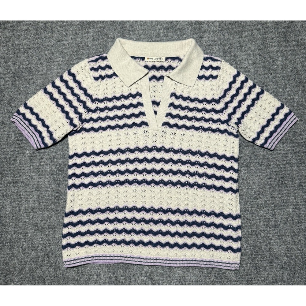 Marine Layer Spencer Open Stitch Polo Sweater Iris Stripe Women Small V Neck